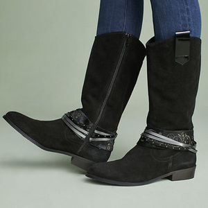 Anthropologie Elysess Western Knee Boots Black Suede Leather, Size 38